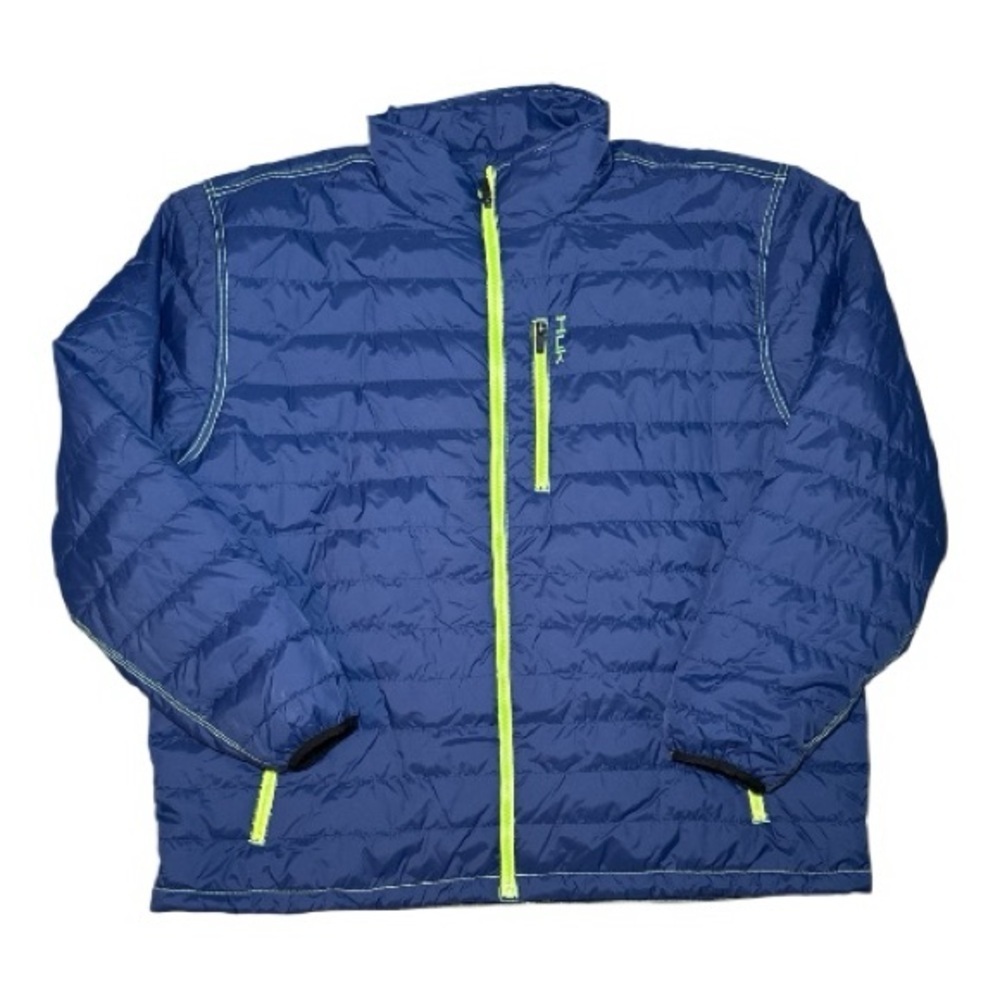 HUK Fishing Jacket Men's XXL Quilted Puffer Zip Up Blue Lime Green - Picture 2 of 10